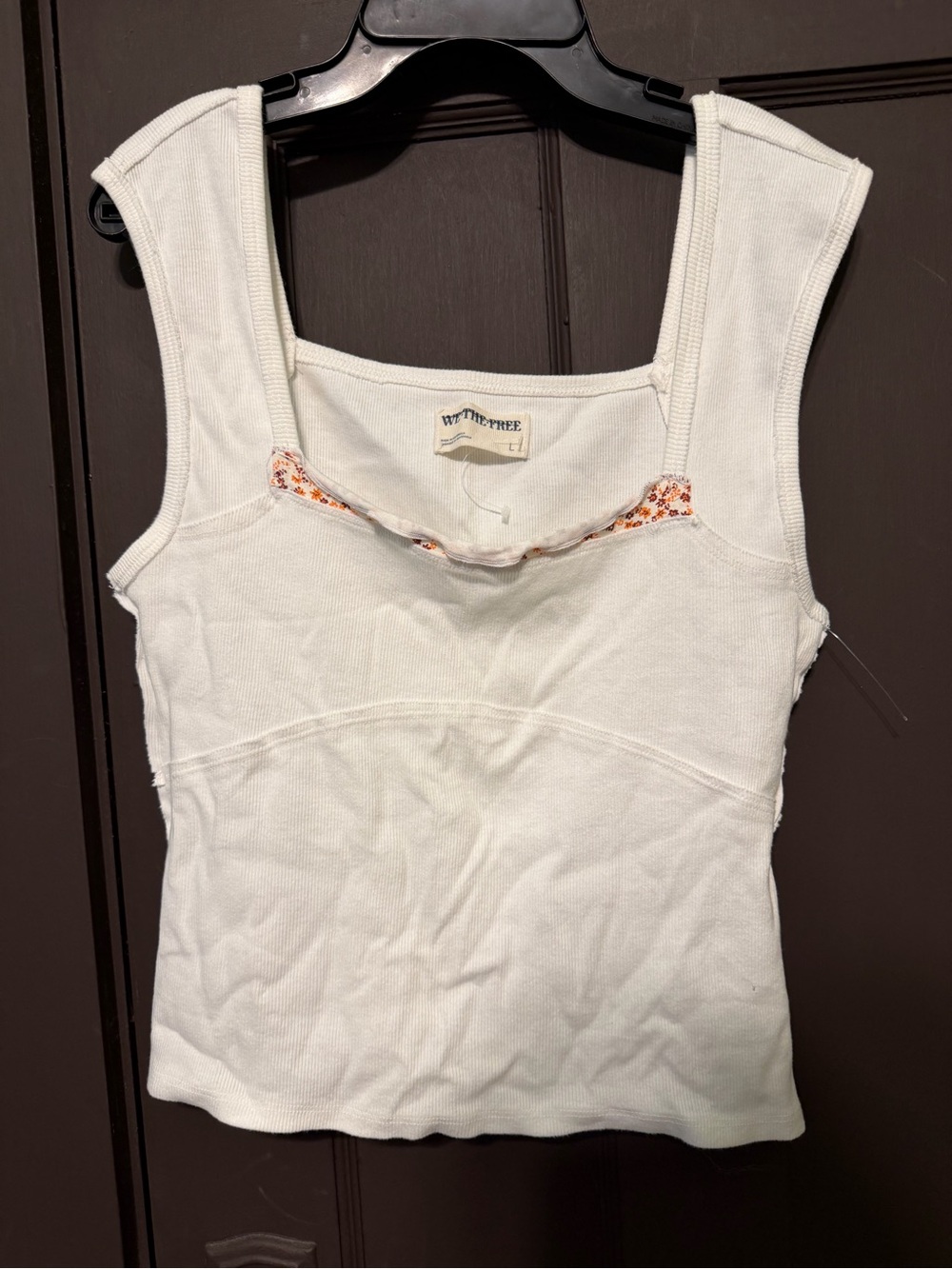 We The Free White Ribbed Tank Top with Floral Trim